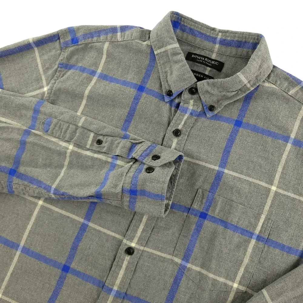 Banana Republic Luxe Flannel Mens L Gray Plaid Long Sleeve Button Up Camden Fit